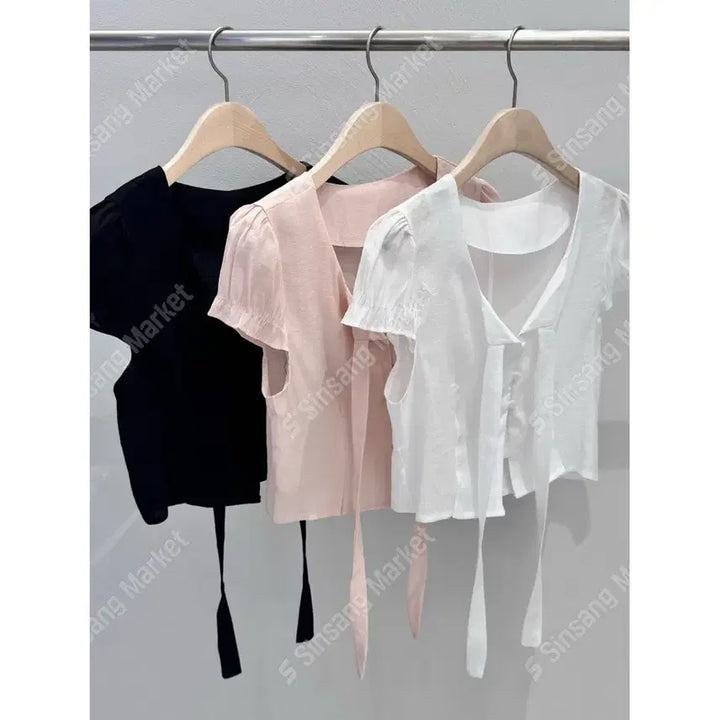 [BUNJANG] Puff Sleeve Cropped Ribbon Tie Shirring Short Sleeve Blouse / 퍼프소매 크롭 리본 타이 셔링 반팔 블라우스 / 117