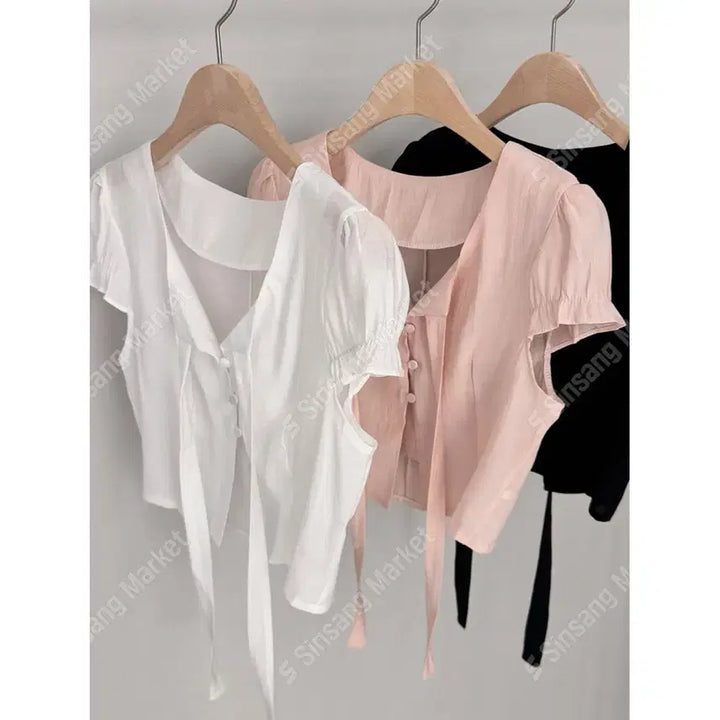 [BUNJANG] Puff Sleeve Cropped Ribbon Tie Shirring Short Sleeve Blouse / 퍼프소매 크롭 리본 타이 셔링 반팔 블라우스 / 117