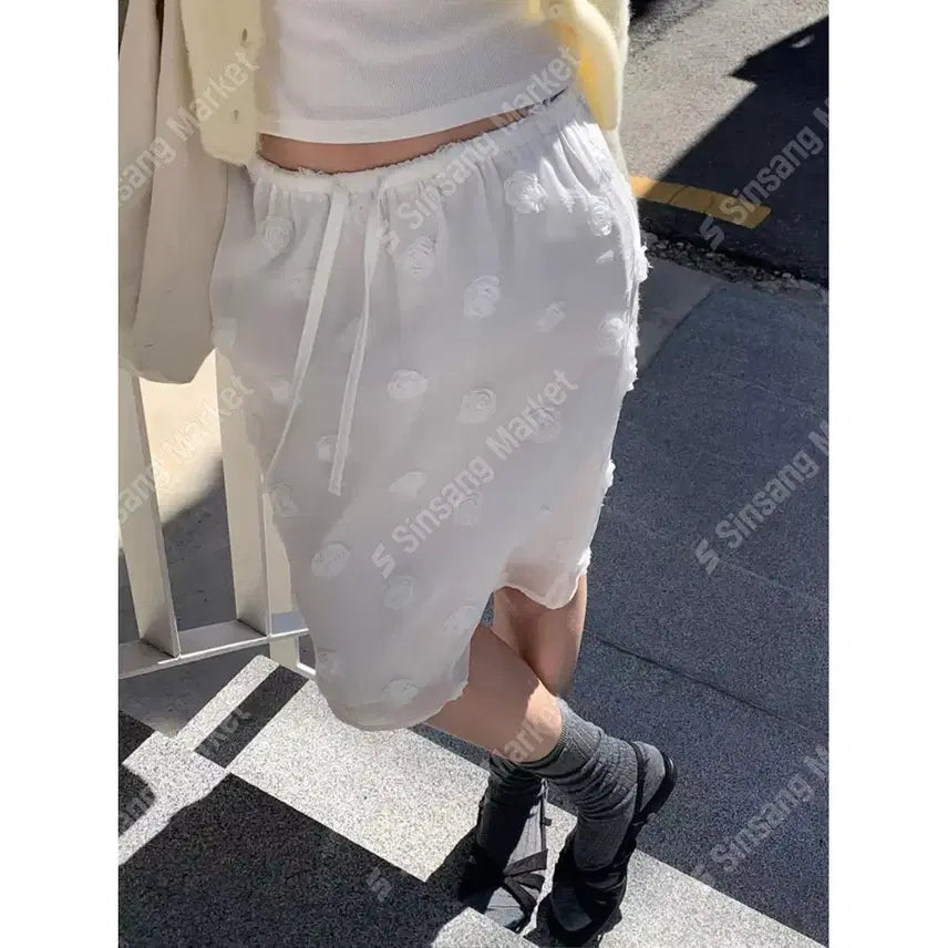 [BUNJANG] Chiffon Layered Corsage Flower Banding Skirt / 쉬폰 레이어드 코사지 플라워 밴딩 스커트 / 118