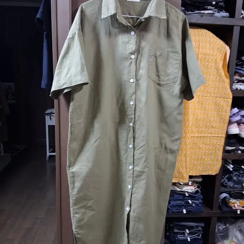 [BUNJANG] Khaki Linen Shirt Dress (L) / 카키색 린넨 셔츠 원피스(L)