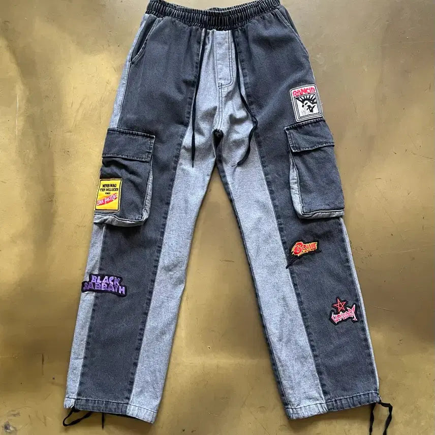 [BUNJANG] Japanese Vintage Rock Band Embroidered Patch Custom Wide Denim Balloon Pants / JPN 일본 빈티지 락밴드 멀티 자수 패치 커스텀 와이드 데님 벌룬 팬츠