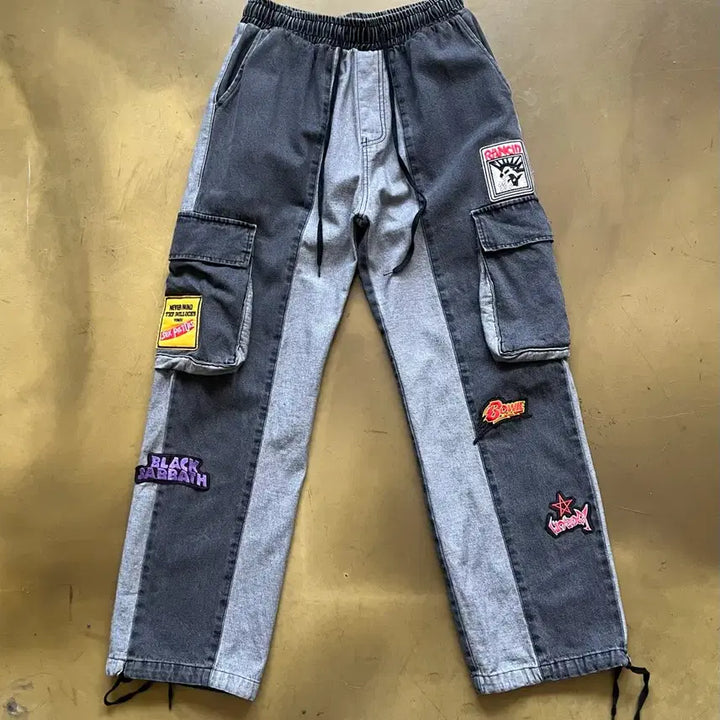 [BUNJANG] Japanese Vintage Rock Band Embroidered Patch Custom Wide Denim Balloon Pants / JPN 일본 빈티지 락밴드 멀티 자수 패치 커스텀 와이드 데님 벌룬 팬츠