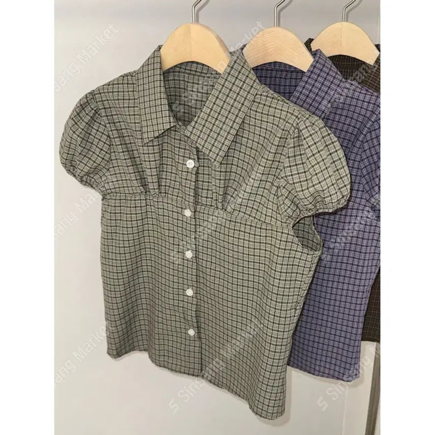 [BUNJANG] Puff Check Slim Fit Crop Shirt / 퍼프 체크 슬림핏 크롭셔츠 남방 / 119