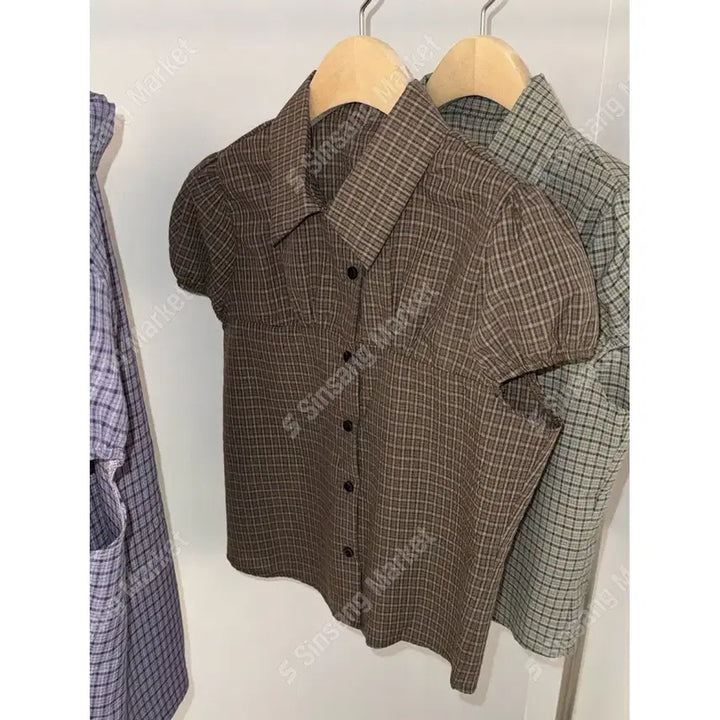 [BUNJANG] Puff Check Slim Fit Crop Shirt / 퍼프 체크 슬림핏 크롭셔츠 남방 / 119
