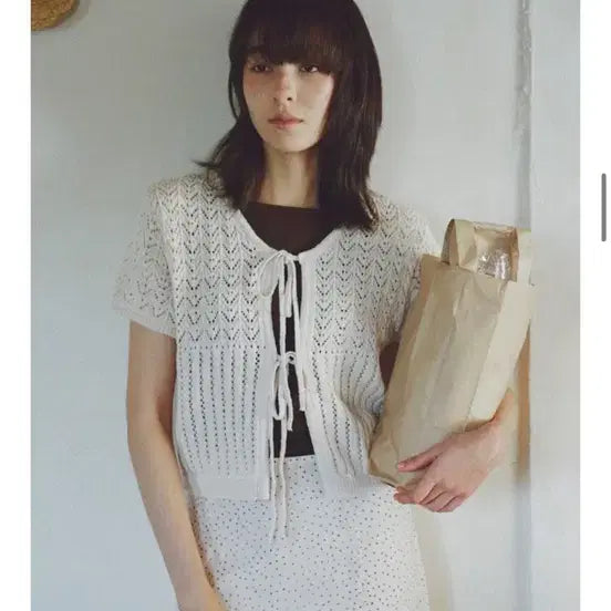 [BUNJANG] Mango Many Please Punch Knit Cardigan Natural Color / 망고매니플리즈 반팔 펀칭 니트 가디건 살안타템 새상품급