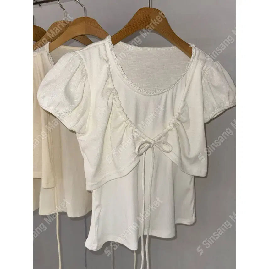 [BUNJANG] Puff Sleeve Ribbon Lace Bolero Cardigan / 퍼프 리본 반팔 레이스 볼레로 가디건 / 121