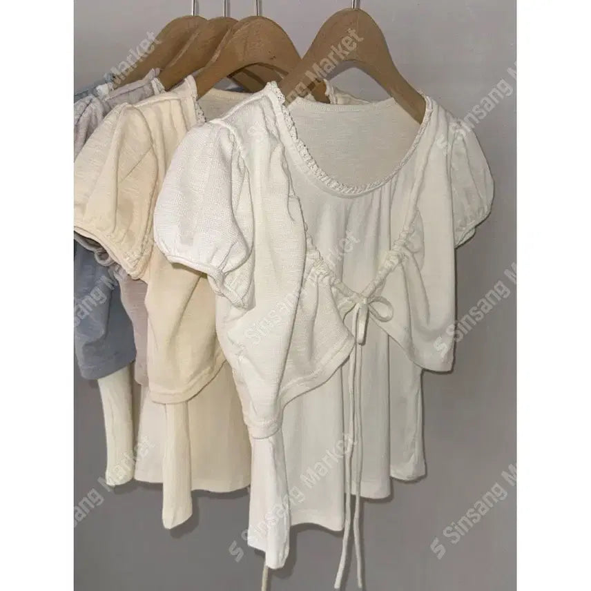 [BUNJANG] Puff Sleeve Ribbon Lace Bolero Cardigan / 퍼프 리본 반팔 레이스 볼레로 가디건 / 121