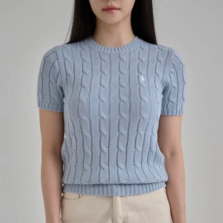 [BUNJANG] Polo Ralph Lauren Cable Knit Short Sleeve Sweater Pale Blue / 폴로 랄프로렌 케이블 반팔 니트 페일블루