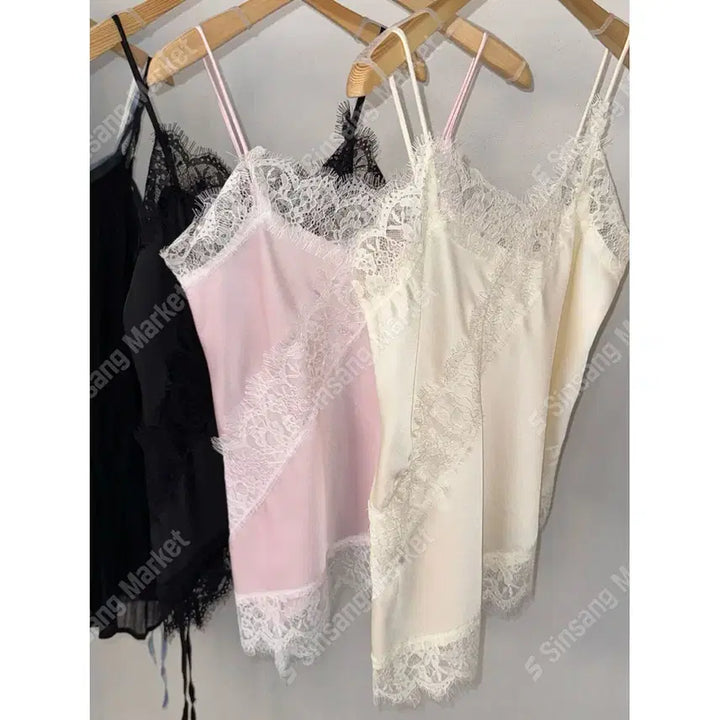 [BUNJANG] Satin Asymmetrical Slip Layered Lace Frill Bustier Camisole Dress / 새틴 언발 슬립 레이어드 레이스 프릴 뷔스티에 끈나시원피스 / 123