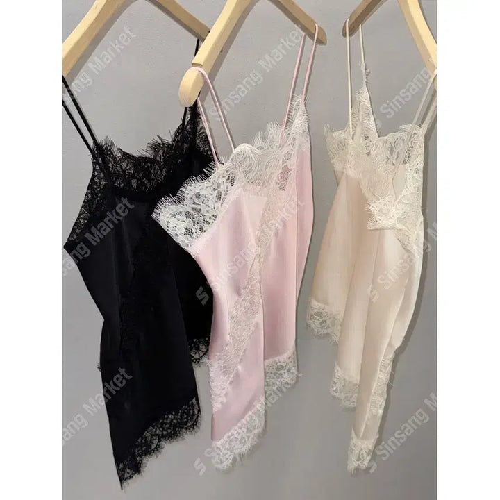 [BUNJANG] Satin Asymmetrical Slip Layered Lace Frill Bustier Camisole Dress / 새틴 언발 슬립 레이어드 레이스 프릴 뷔스티에 끈나시원피스 / 123