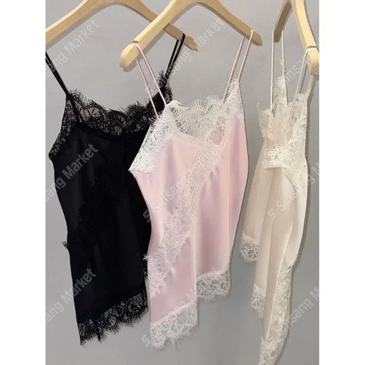 [BUNJANG] Satin Asymmetrical Slip Layered Lace Frill Bustier Camisole Dress / 새틴 언발 슬립 레이어드 레이스 프릴 뷔스티에 끈나시원피스 / 123