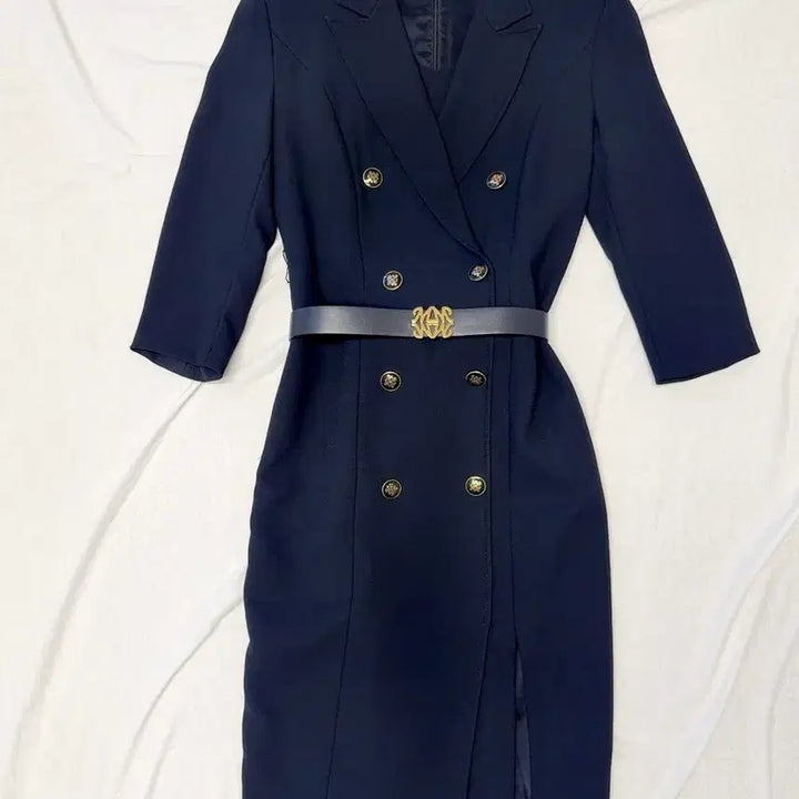 [BUNJANG] MOJO.S.PINE Navy Double Gold Button 7-Sleeve Midi Dress with Belt Set / 모조에스핀 네이비 더블 금장 7부 미디원피스 벨트 세트
