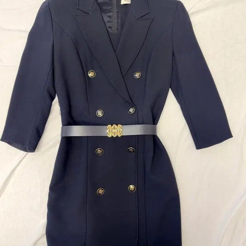 [BUNJANG] MOJO.S.PINE Navy Double Gold Button 7-Sleeve Midi Dress with Belt Set / 모조에스핀 네이비 더블 금장 7부 미디원피스 벨트 세트