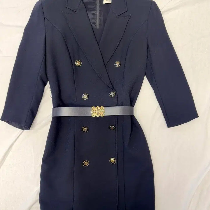 [BUNJANG] MOJO.S.PINE Navy Double Gold Button 7-Sleeve Midi Dress with Belt Set / 모조에스핀 네이비 더블 금장 7부 미디원피스 벨트 세트
