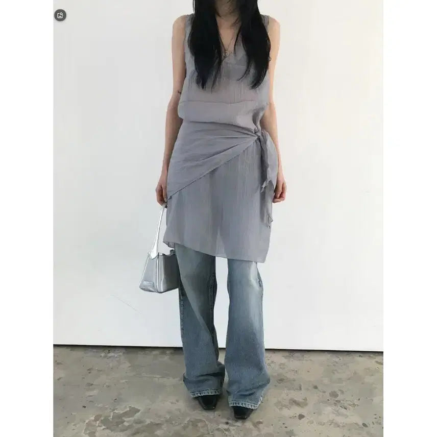 [BUNJANG] Chiffon See-through Wrap Skirt Set Dress / 쉬폰 시스루 랩스커트  세트원피스 / 125