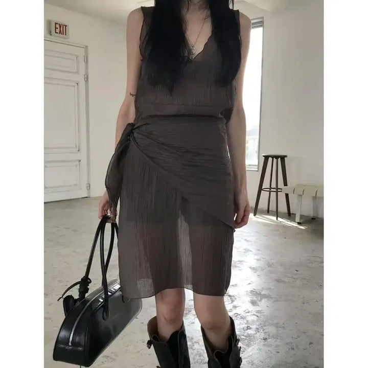 [BUNJANG] Chiffon See-through Wrap Skirt Set Dress / 쉬폰 시스루 랩스커트  세트원피스 / 125