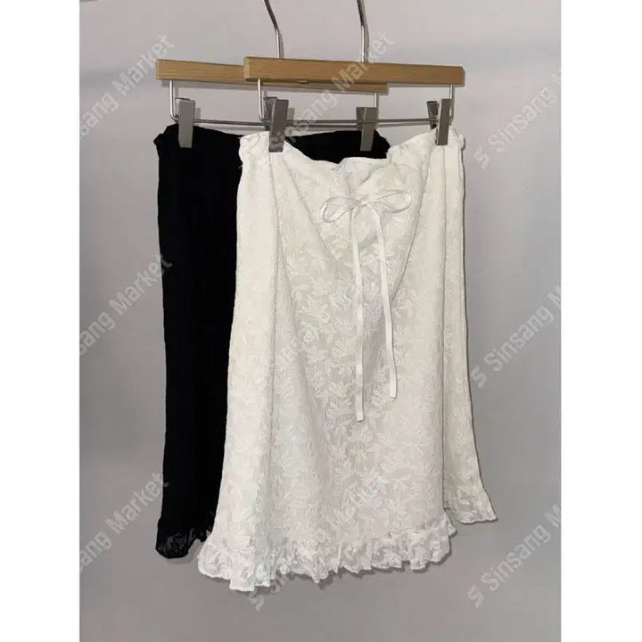 [BUNJANG] Chiffon Frill Midi Skirt with Lace Embroidery Pattern / 레이스 자수 패턴 쉬폰 프릴 미디스커트 / 128