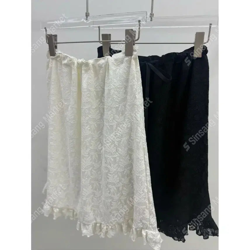 [BUNJANG] Chiffon Frill Midi Skirt with Lace Embroidery Pattern / 레이스 자수 패턴 쉬폰 프릴 미디스커트 / 128