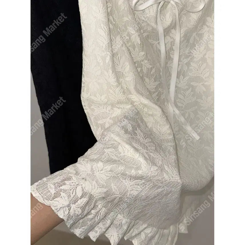 [BUNJANG] Chiffon Frill Midi Skirt with Lace Embroidery Pattern / 레이스 자수 패턴 쉬폰 프릴 미디스커트 / 128
