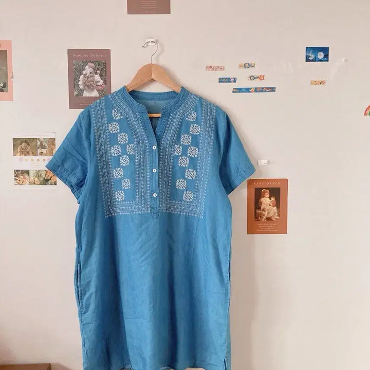 [BUNJANG] Denim Short-Sleeve Long Blouse / 데님 반팔 롱블라우스