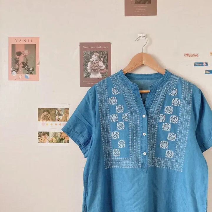 [BUNJANG] Denim Short-Sleeve Long Blouse / 데님 반팔 롱블라우스