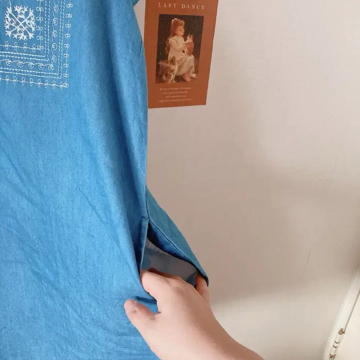 [BUNJANG] Denim Short-Sleeve Long Blouse / 데님 반팔 롱블라우스