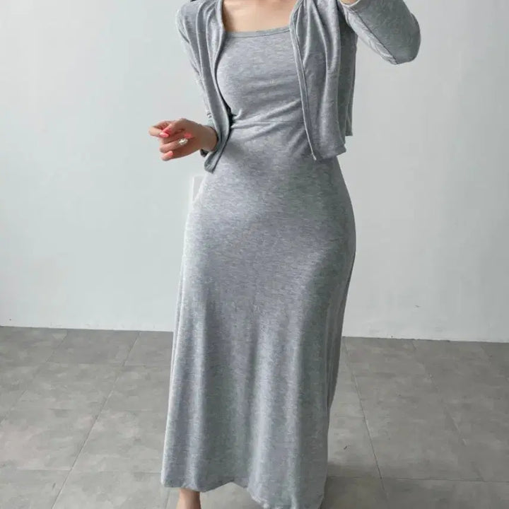 [BUNJANG] Summer Long Dress Cardigan Set Grey / 여름 롱 원피스 가디건 세트 그레이