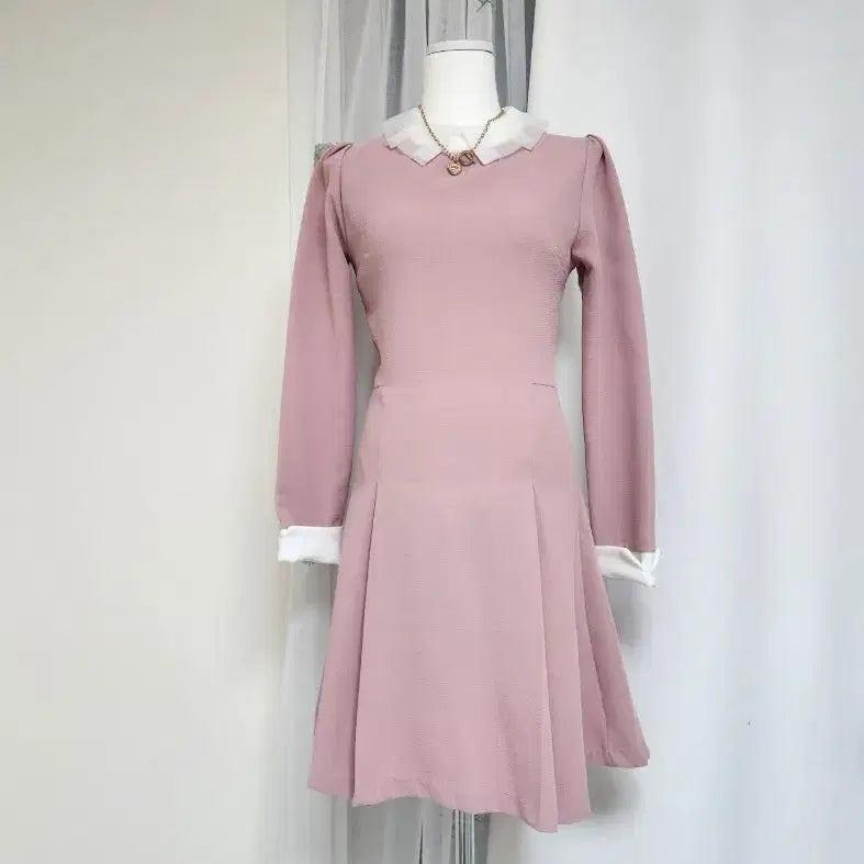 [BUNJANG] Pink Collar Pleated Long Dress / 핑크 카라넥 플리츠 롱 원피스