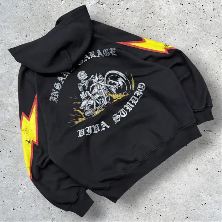 [BUNJANG] Insane Garage Biker Black Motorcycle Printing Hoodie / [L] 인세인개러지 바이커 블랙 오토바이 프린팅 후드티