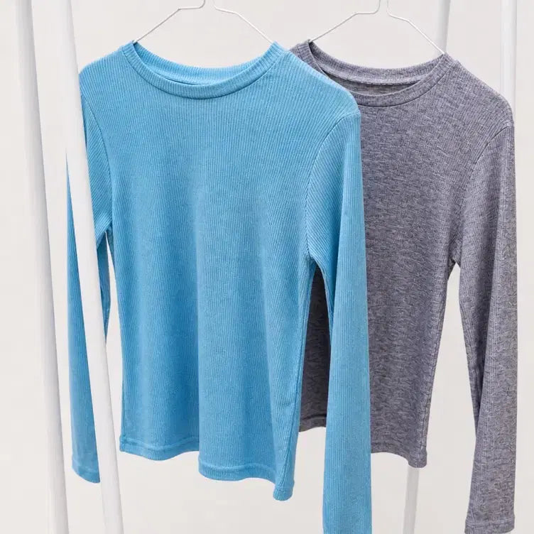[BUNJANG] Ribbed Long Sleeve T-Shirt 2-Pack (Gray, Sky Blue) / 여리핏 골지 긴팔 티셔츠 / 그레이 소라 2p