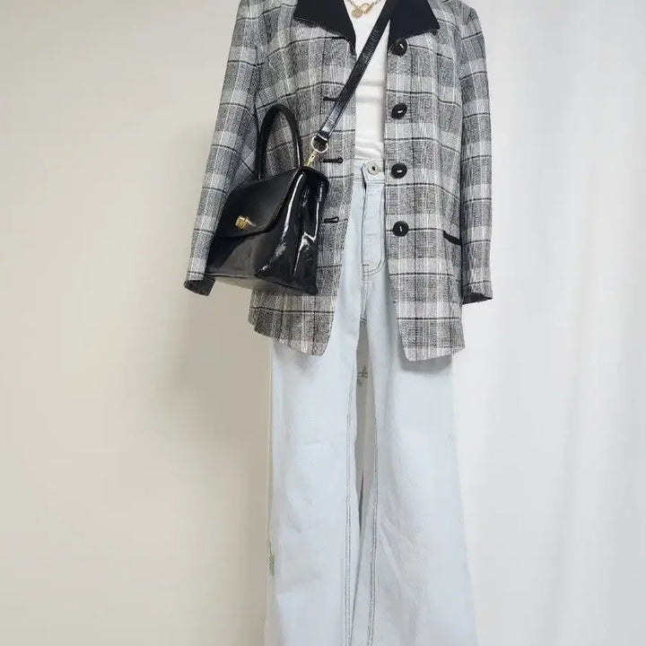 [BUNJANG] Checkered Color-Block Collar Jacket / 체크 배색 카라 자켓