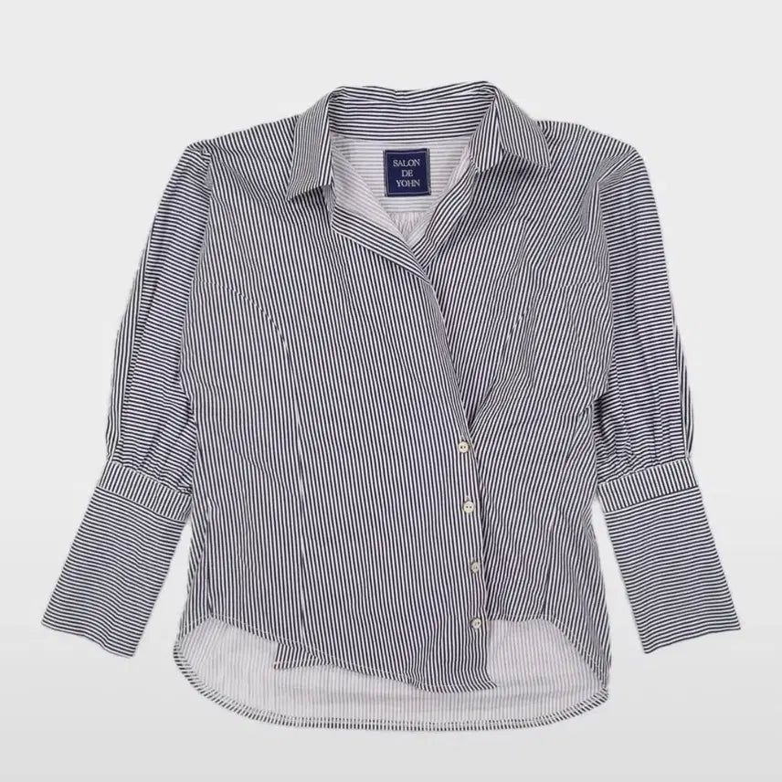 [BUNJANG] Salon de Yon Stripe Wrap Shirt Blue FREE / <택 있는 새옷>살롱드욘 스트라이프 랩 셔츠 블루 FREE