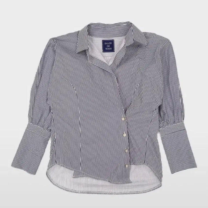 [BUNJANG] Salon de Yon Stripe Wrap Shirt Blue FREE / <택 있는 새옷>살롱드욘 스트라이프 랩 셔츠 블루 FREE
