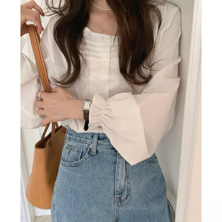 [BUNJANG] Ganaesra Naje Pinch Tuck Blouse White / 가내스라 네즈 핀턱 블라우스 화이트