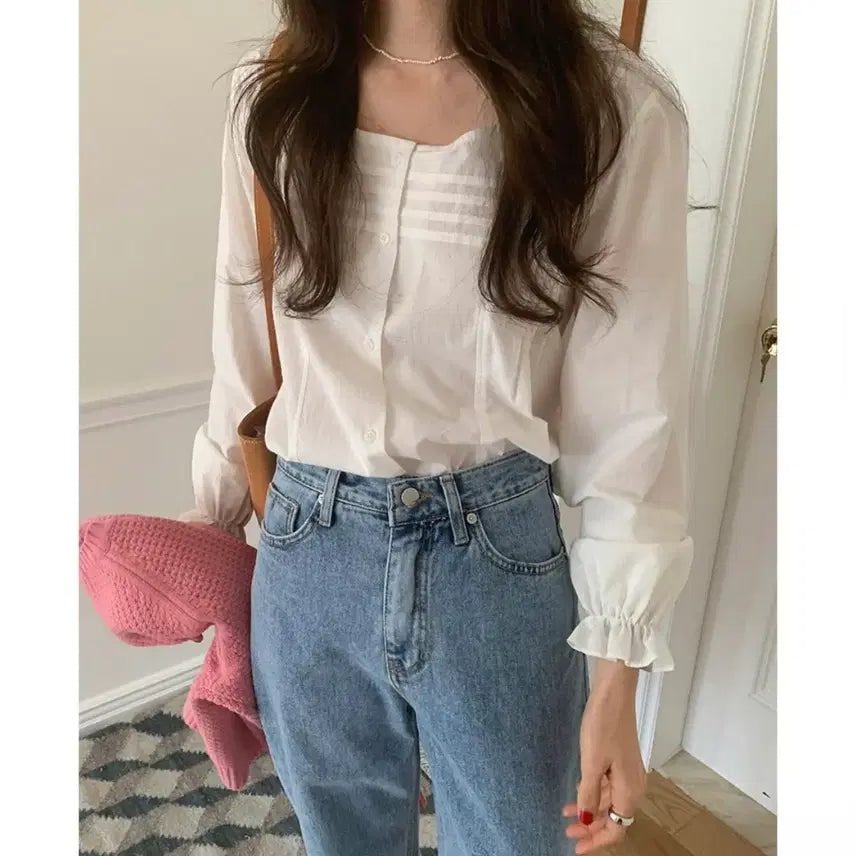 [BUNJANG] Ganaesra Naje Pinch Tuck Blouse White / 가내스라 네즈 핀턱 블라우스 화이트