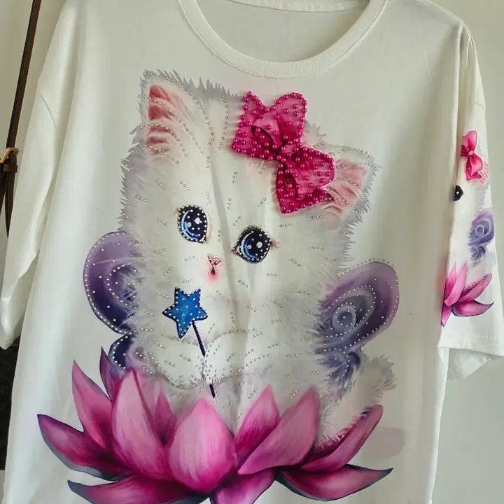 [BUNJANG] Cat Printing Short Sleeve T-Shirt White / 고양이 프린팅 반팔 티셔츠 화이트