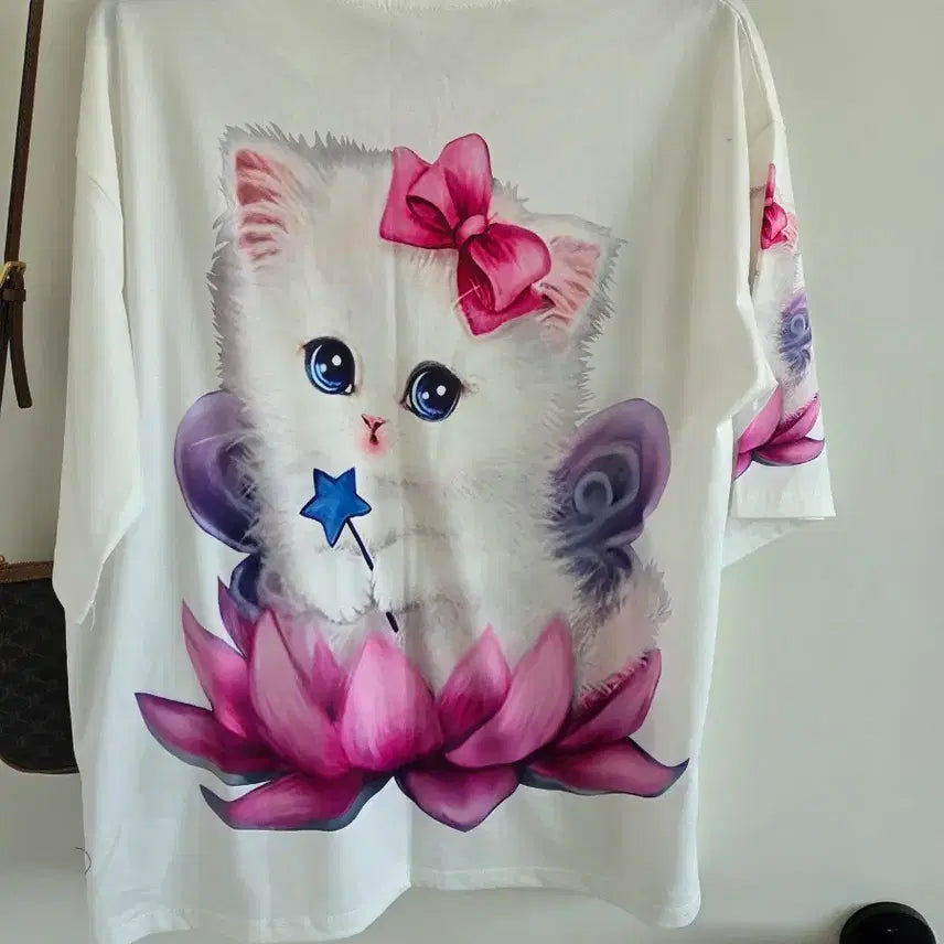 [BUNJANG] Cat Printing Short Sleeve T-Shirt White / 고양이 프린팅 반팔 티셔츠 화이트