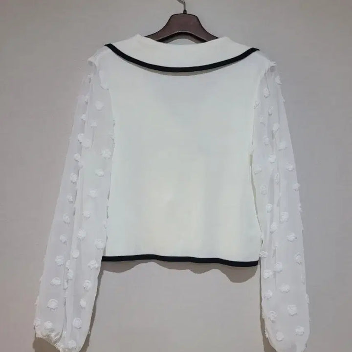 [BUNJANG] White Contrast See-Through Puff Blouse Cardigan / 화이트 배색 시스루 퍼프 블라우스 가디건