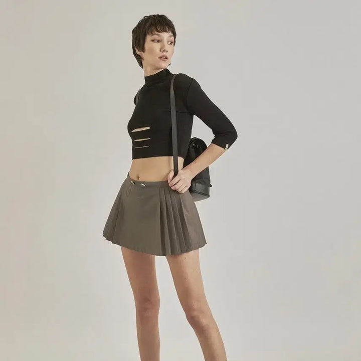 [BUNJANG] Threetimes Stopper Pleated Skirt Khaki Grey / 쓰리타임즈 플리츠 스커트