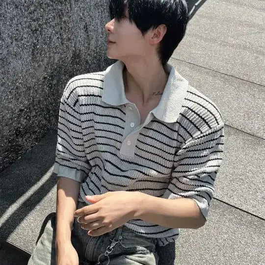 [BUNJANG] Cosyharu Leewen Stripe Collar Short Sleeve Knit / 가격제안 ㅇ 코시하루 르웬 스트라이프 카라 반팔 니트
