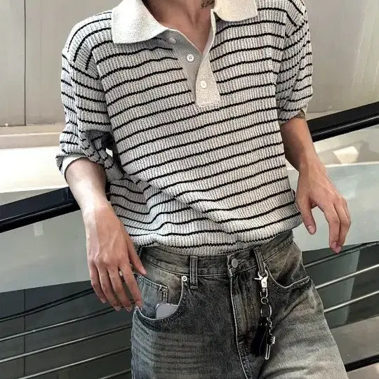 [BUNJANG] Cosyharu Leewen Stripe Collar Short Sleeve Knit / 가격제안 ㅇ 코시하루 르웬 스트라이프 카라 반팔 니트