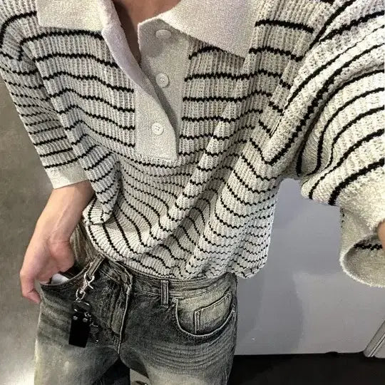 [BUNJANG] COSIHARU Leewen Stripe Collar Short Sleeve Knit / 가격제안 ㅇ 코시하루 르웬 스트라이프 카라 반팔니트