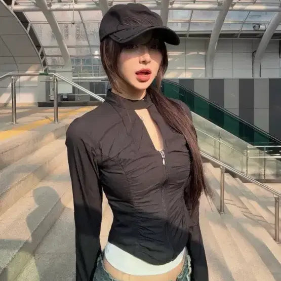 [BUNJANG] Please Follow Delphine Shirring Zip-Up Shirt Black S / 새상품 플리즈노팔로우 Delphine Shirring Zipupshirt