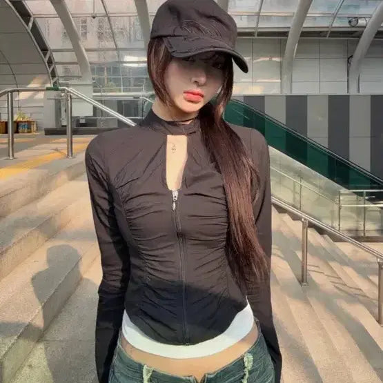 [BUNJANG] Please Follow Delphine Shirring Zip-Up Shirt Black S / 새상품 플리즈노팔로우 Delphine Shirring Zipupshirt