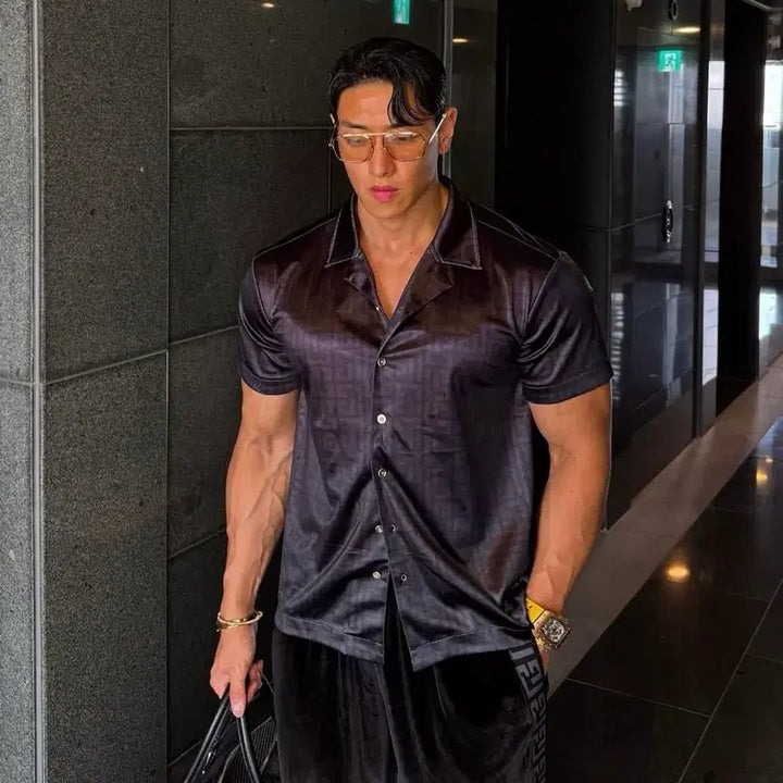 [BUNJANG] Rafinato RT Monogram Silk Short-Sleeve Shirt Black Size 50 / 라피나토 RT모노그램 실크셔츠 50