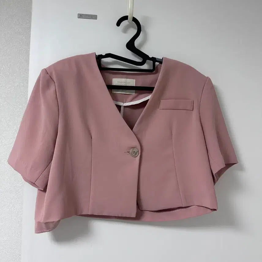 [BUNJANG] No Collar Crop Jacket &amp; Wide Pants Set Pink / 노카라 크롭 자켓 와이드팬츠 핑크 세트