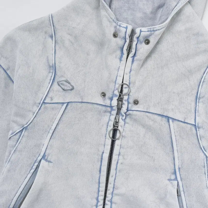 [BUNJANG] Mischief Rhombus Punching Hoodie Zip Up Bleached Light Blue / 미스치프 롬버스 펀칭 후드 집업 블리치드 라이트 블루