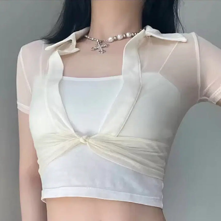 [BUNJANG] Sheer Knot Crop Blouse / 시스루 매듭 크롭 블라우스