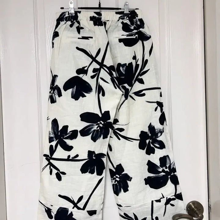 [BUNJANG] Flower Print Cotton Blend Trousers with Back Elastic Band / 뒷밴딩 플라워 프린트 마혼방 바지