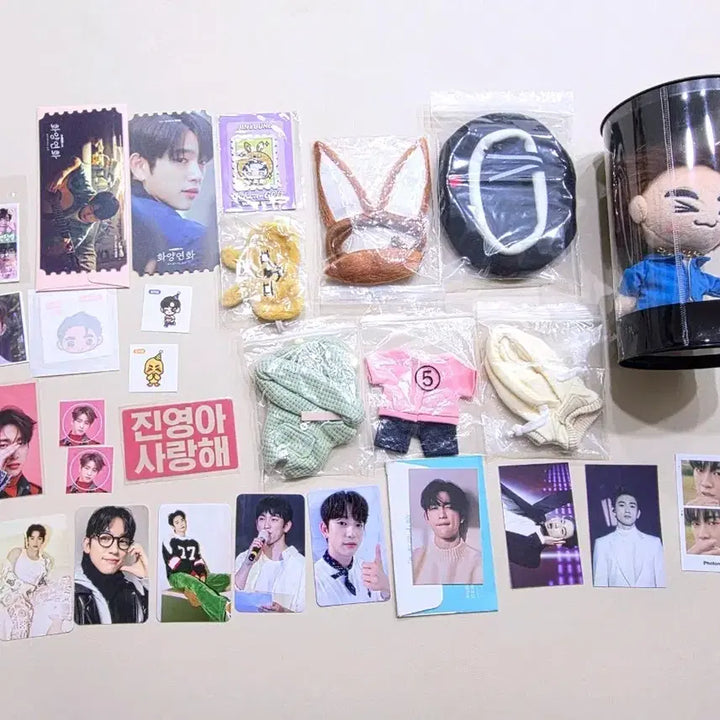 [BUNJANG] GOT7 Jinyoung Doll + Doll Clothes + Unofficial Photocard, Sticker Bundle Set / 갓세븐 진영 인형 + 인형옷 + 비공굿 포토카드, 스티커 일괄양도